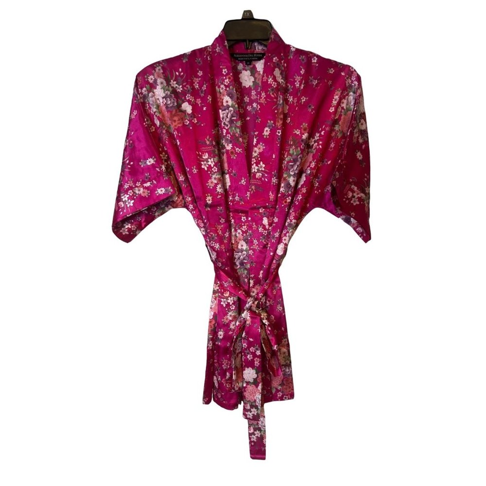 Alexander Del Rossa Robe Womens Medium Satin Blend Pink Floral 3/4 Sleeve NEW